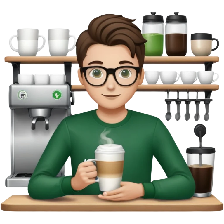 white barista boy with green spring black long sleeve, glasses and brown long ponytail   emoji