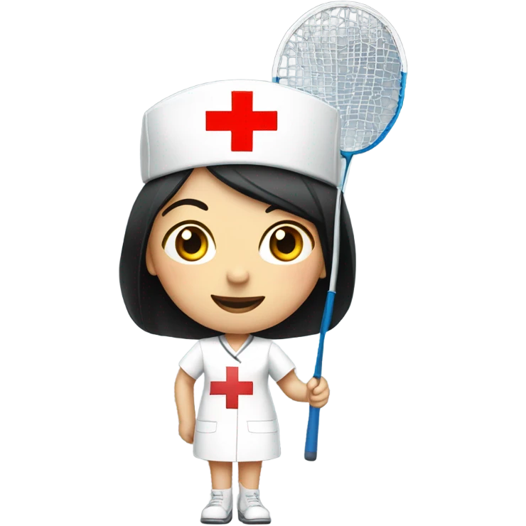 short black straight hair female nurse with red cross sign hat playing badminton emoji