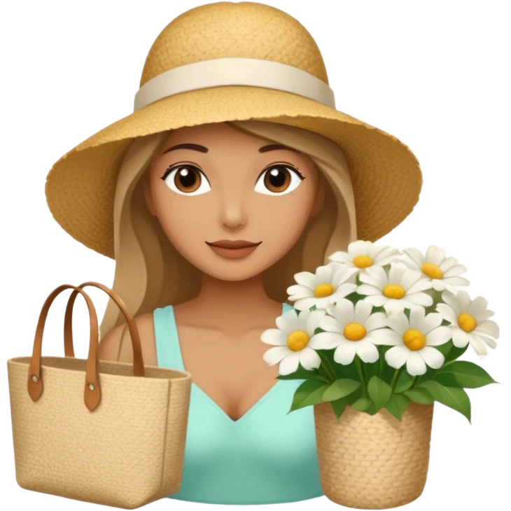 summer beautiful wicker hat next to it lies a beach beige bag and a bouquet of white flowers emoji