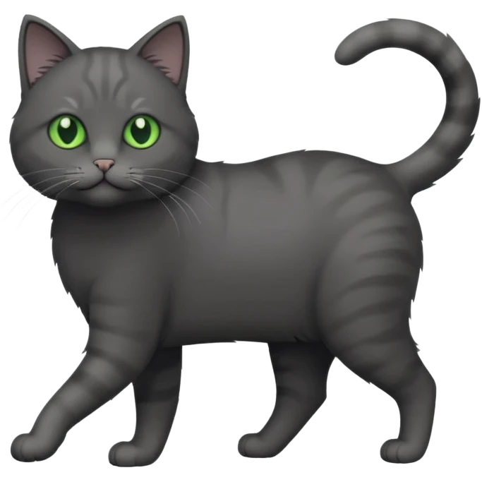 full body solid dark grey cat with green eyes, white paws and white whiskers walking emoji