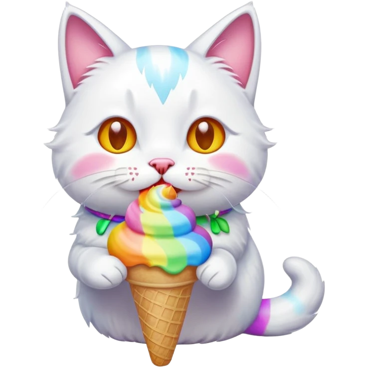 A cute white cat licking a colorful. Ice cream  emoji