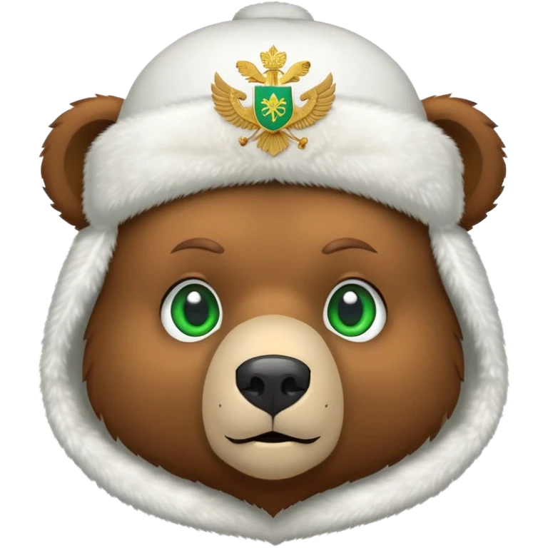 Minimalist cute brown bear head with green eyes, wearing white ushanka hat with simplified Russian double-headed eagle coat of arms, iOS emoji style emoji