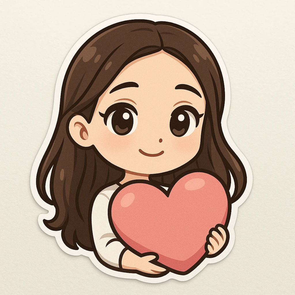 3D bitmoji chibi sticker of the girl from the reference, expressive face and eyes, long brown hair, holding a big pink heart, kind and loving expression. emoji