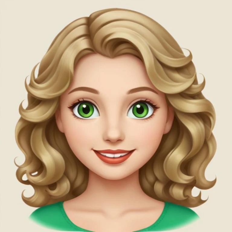 Girl, dark blonde wavy hair, beautiful eyelashes, green eyes, beautiful lips, smiles
 emoji