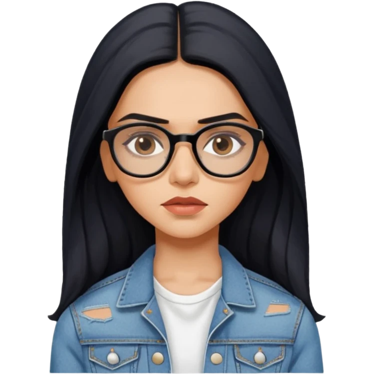 generate a pretty bratz emoji 
Make her wear a white dress with a denim jacket over it.long  black hair side part 

She should look exactly  like Deepika padukone! wearing tiny rectangular spectacle, looking sad emoji