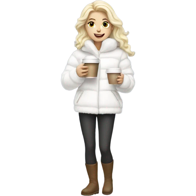 blonde girl wearing white fluffy jacket and a coffee to go in hand all dress white emoji