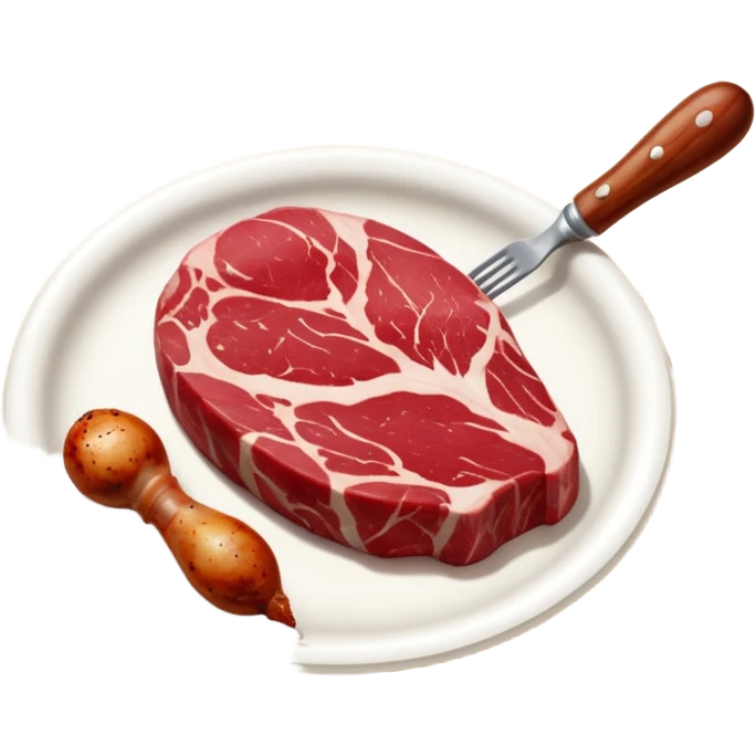 A raw red steak with visible marbling placed next to a small chicken drumstick. emoji