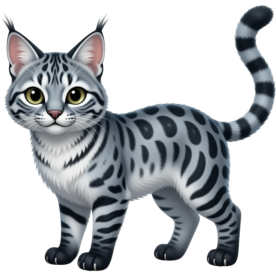 pastel Realistic patterned marked edgy bluish greyish blackish whitish silvery Shiny Colorful Dusky Dark Glossy Genet-Caracal-Lion-Bobcat-fusion-animal-hybrid-creature, full body, tufted ears, long thin tufted tail emoji