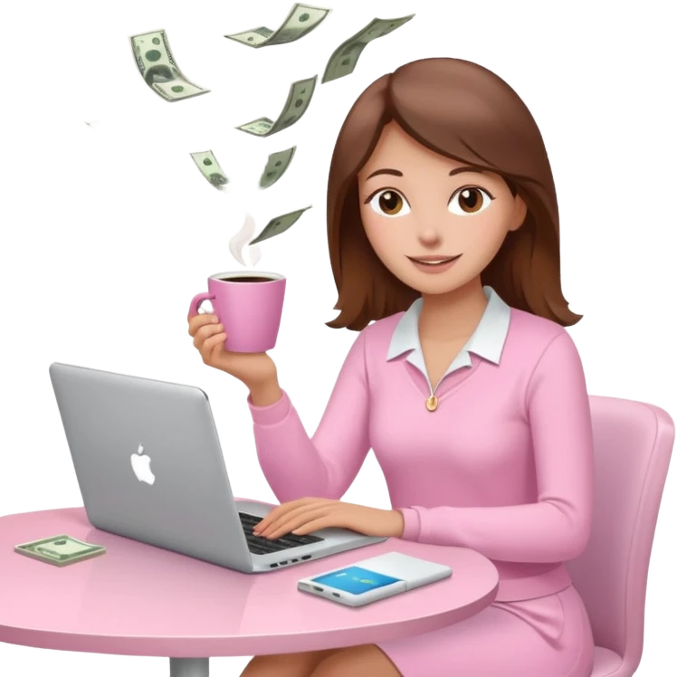  woman character with laptop and coffee relax table, dollars are floating, colorful pastel pink outfit, white laptop, brownn hair, fair skin,  emoji