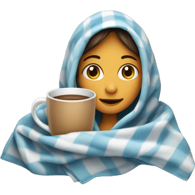 Girl in a blanket holding a mug emoji