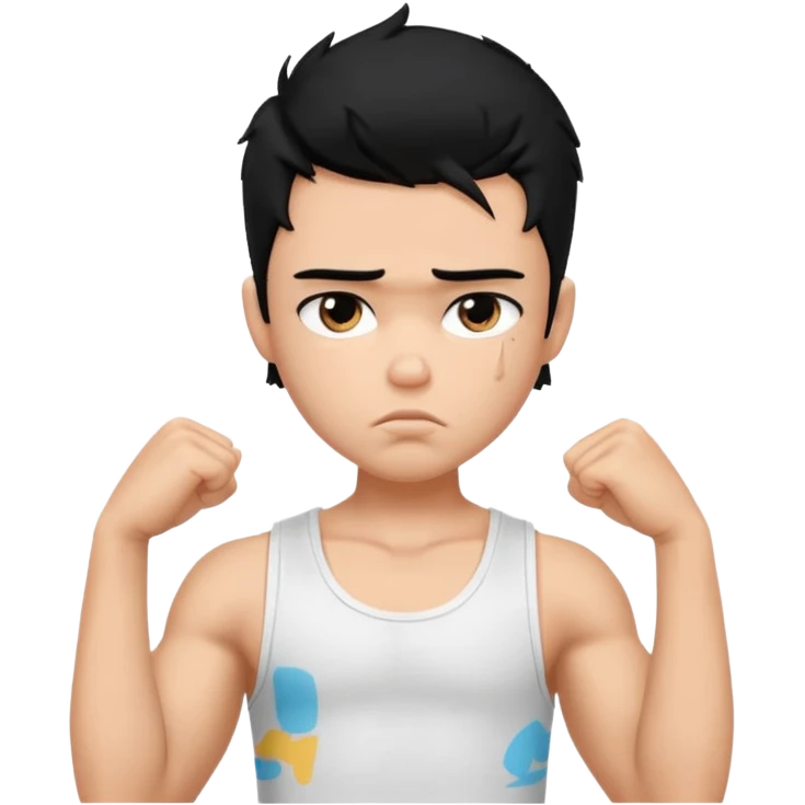 a pretty bratz boy with black hair and white sleeveless tank, biceps looking sad emoji