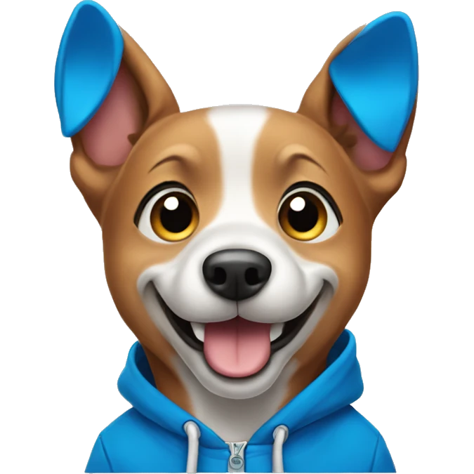 Happy dog wearing a blue hoodie emoji