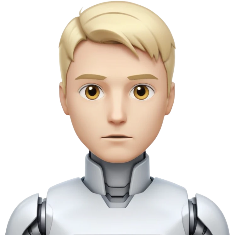 Male robot with short blond hair, sharp jawline, intense eyes, white tech clothing, neutral expression, futuristic assistant emoji