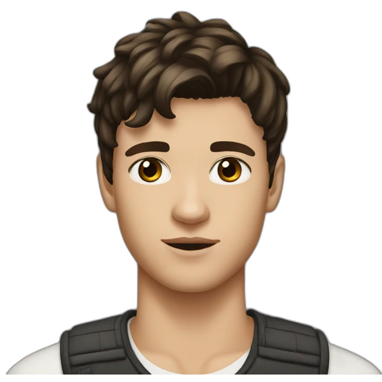 18 years old boy with brown eyes, dark brown modern mullet haircut and earring in left ear emoji