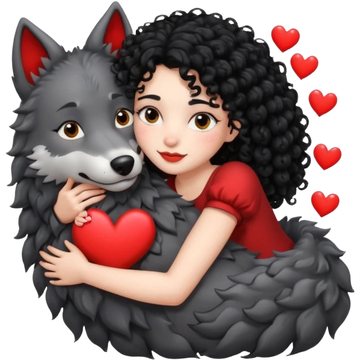 Black curly hair white skin girl hugging one big wolf with hearts above them emoji