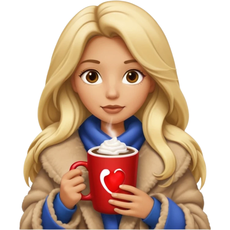 Tanned Girl with lashes , blonde hair, in an extremely big fluffy oversized coat and hold hot chocolate drink and more look like apple emoji face emoji
