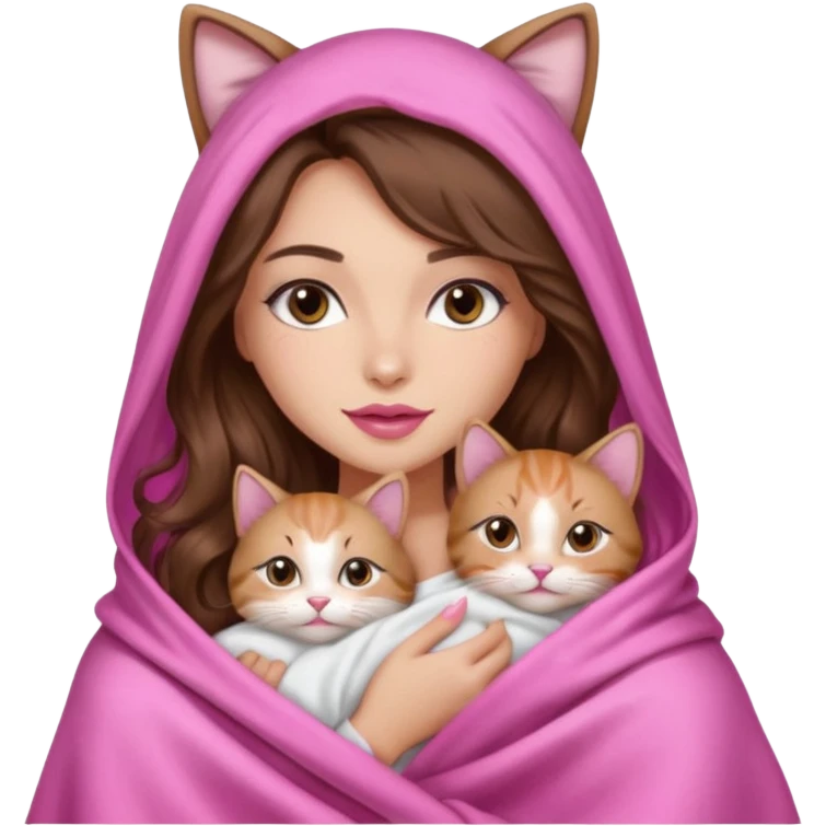 girl with long wavy brown hair, brown eyes, long lashes makeup, sexy pink lips, light to medium complexion, wearing a pink sexy silk top, big blanket over the head cozy holding a cat, no cat ears on the hood emoji