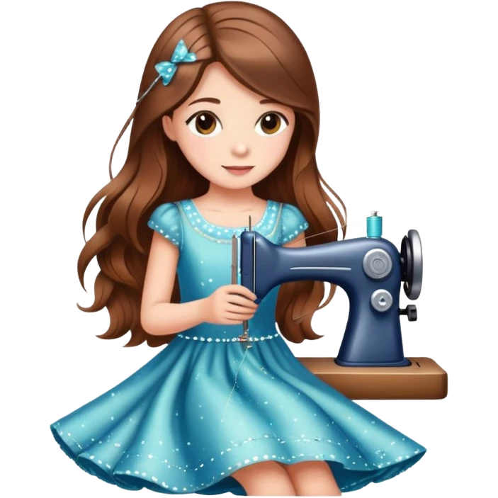 Girl with long brown hair sewing a cute dress with sparkles around her elegant  emoji