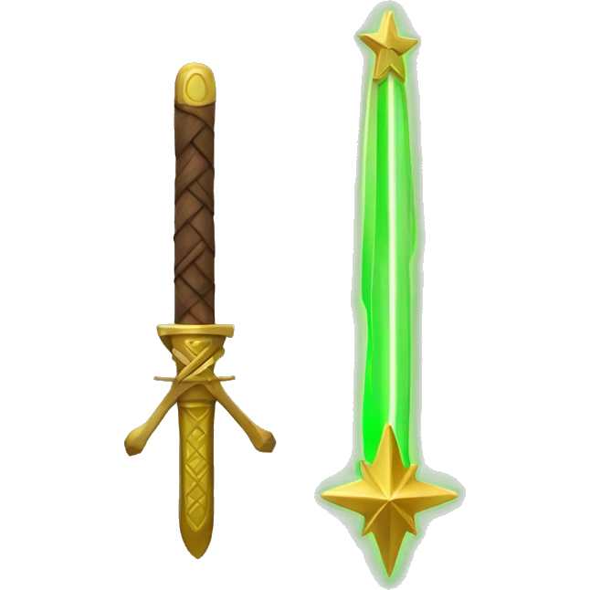 A mix Wood and Golden neon green star by side a Sword emoji