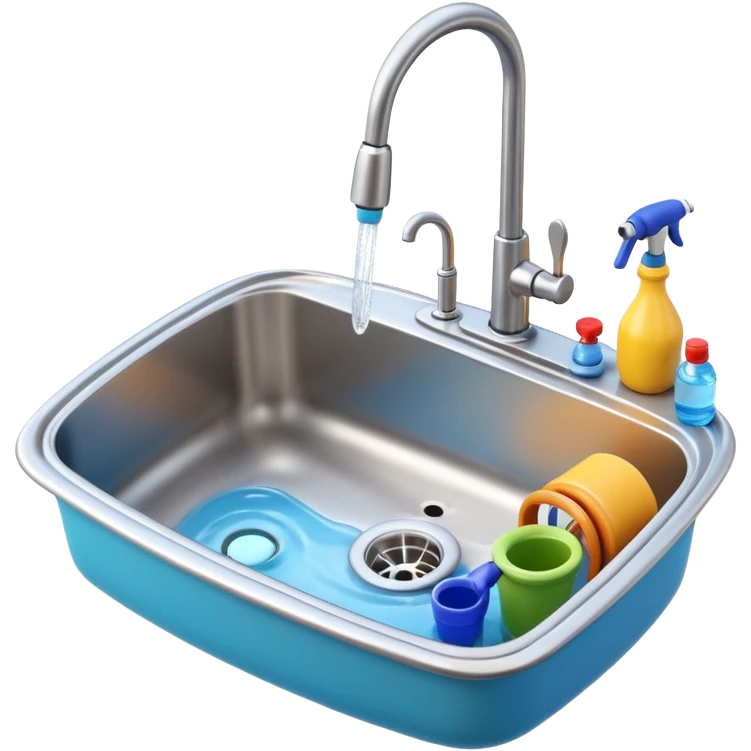 3D Pixar-style kitchen sink with a faucet and water running, some plumbing tools nearby, bright clean look, realistic but colorful, isolated on white

 emoji