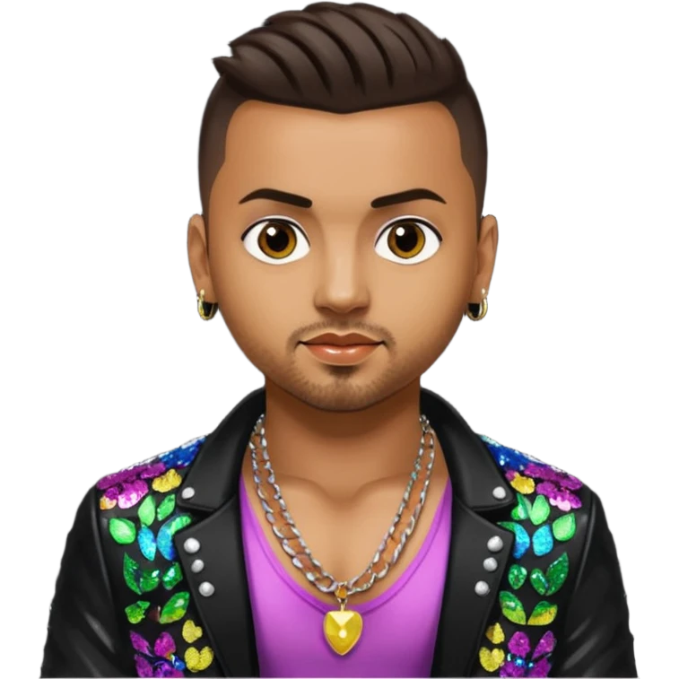Sean Paul with dark brown hair, black sequin jacket, shirtless with necklace emoji