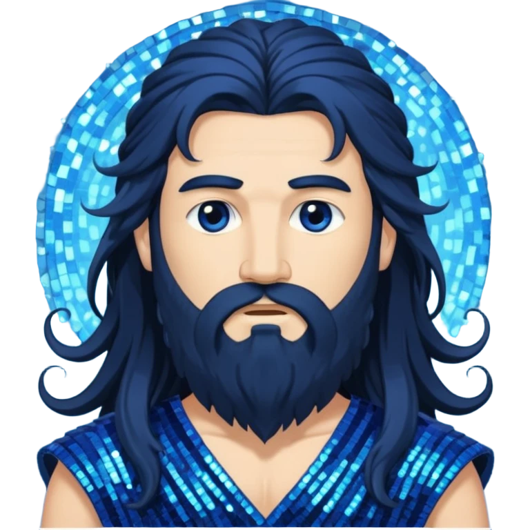 Boreas, God of North Wind from Gods and Goddesses with long black shaggy hair and beard, deep blue sequin outfit emoji