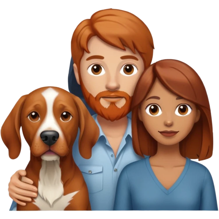 Brunette with highlights hair tan female and light brown hair with red beard white male with vizsla dog emoji