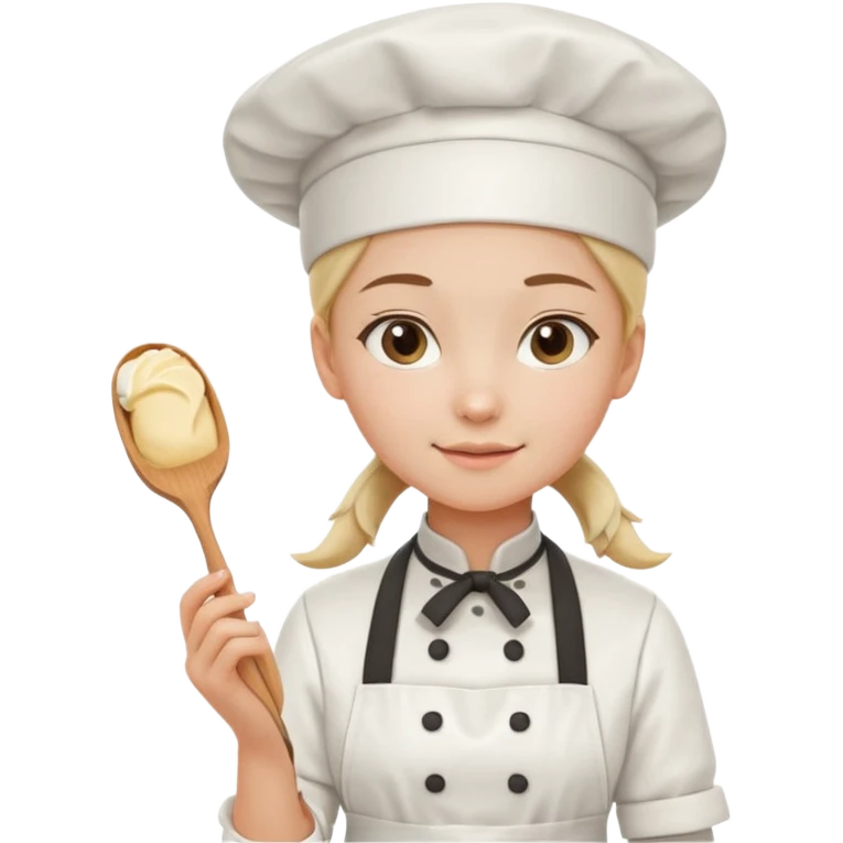 Young female pastry chef - single ponytail, apron, wearing a white hat, holding a cream piping bag emoji