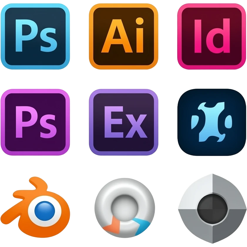 un carre avec l'icone des logiciels suivant: photoshop, illustrator, indesign, premier pro, after effects, davinci resolve, blender, cinema 4D emoji