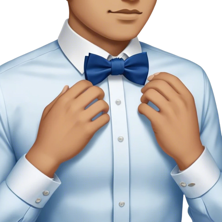 
a man's hand straightens a dark blue bow tie on the collar of a white shirt emoji