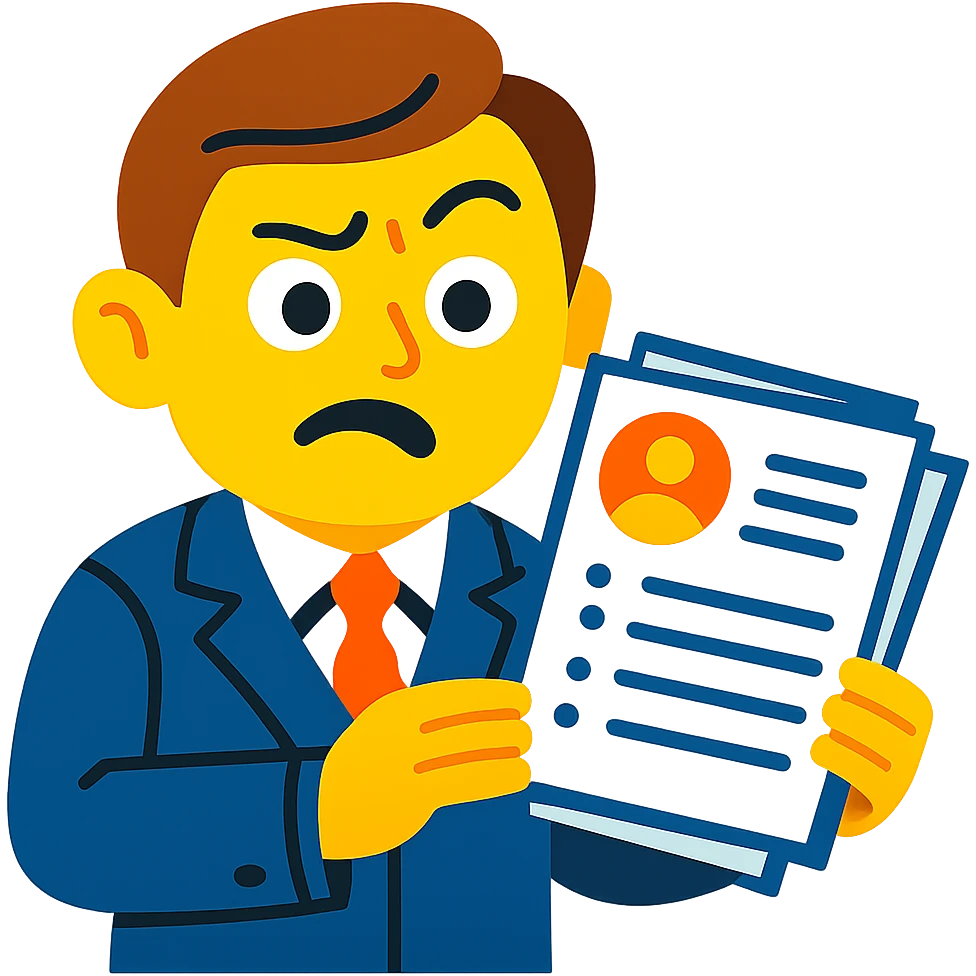 A vibrant toon style illustration of a recruiter holding a resume with a clearly puzzled or confused expression, featuring a raised eyebrow, furrowed brow, and mouth slightly open. No background. emoji