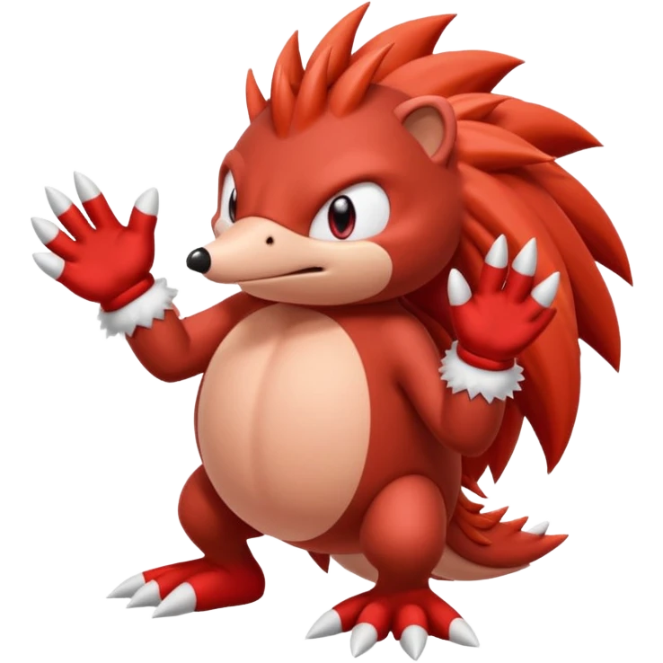 Sonic the hedgehogs friend knuckles a red animal with peach arms and white mittens that have no fingers , he’s a echidna with red eyes emoji