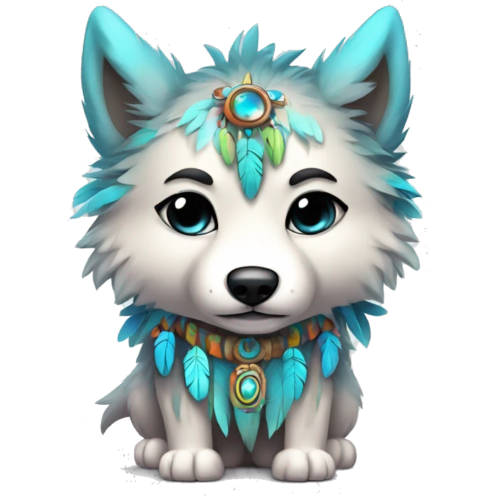 Fluffy Shy Colorful Chibi Spiritual Shamanic Wolf With Shiny Tribal Markings wearing feathers Full Body emoji