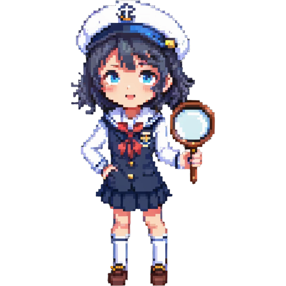 Japanese anime schoolgirl detective holding a magnifying glass, wearing a classic sailor uniform, expressive and cute, pixel art style emoji