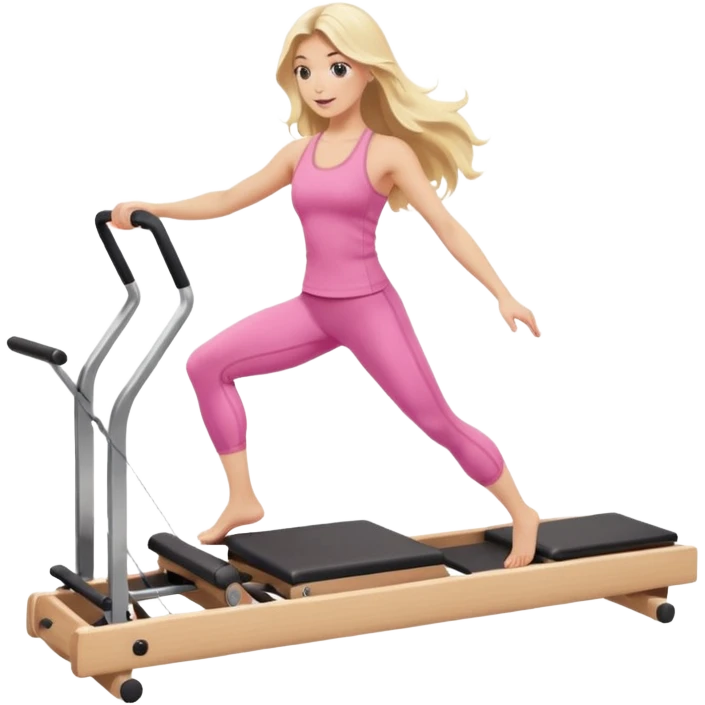 long haired blonde Pilates instructor teaching reformer in pink set  emoji