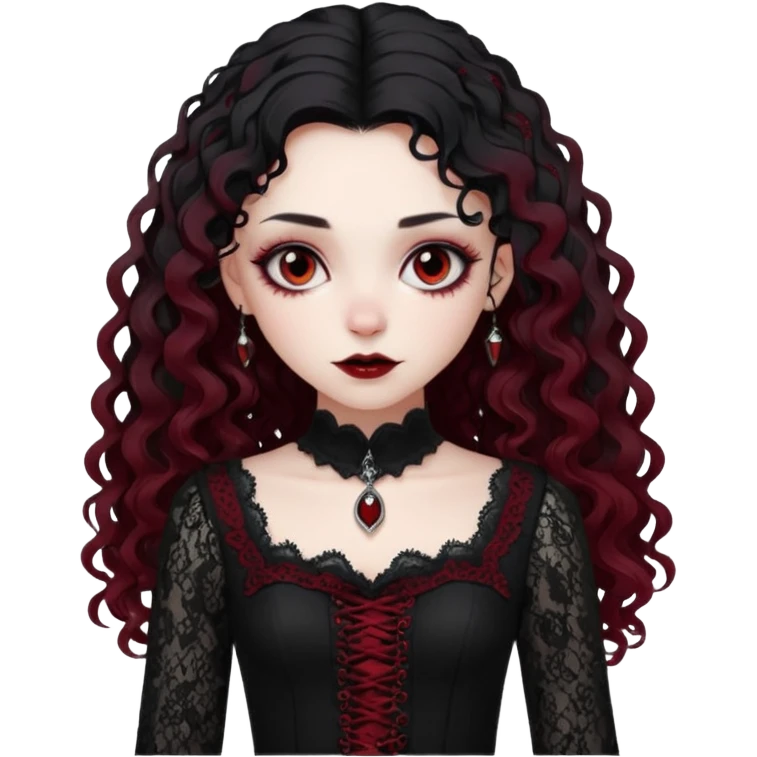 A girl with a dark red goth vampire look in a black goth lace dress with long sleeves longer black curly hair emoji