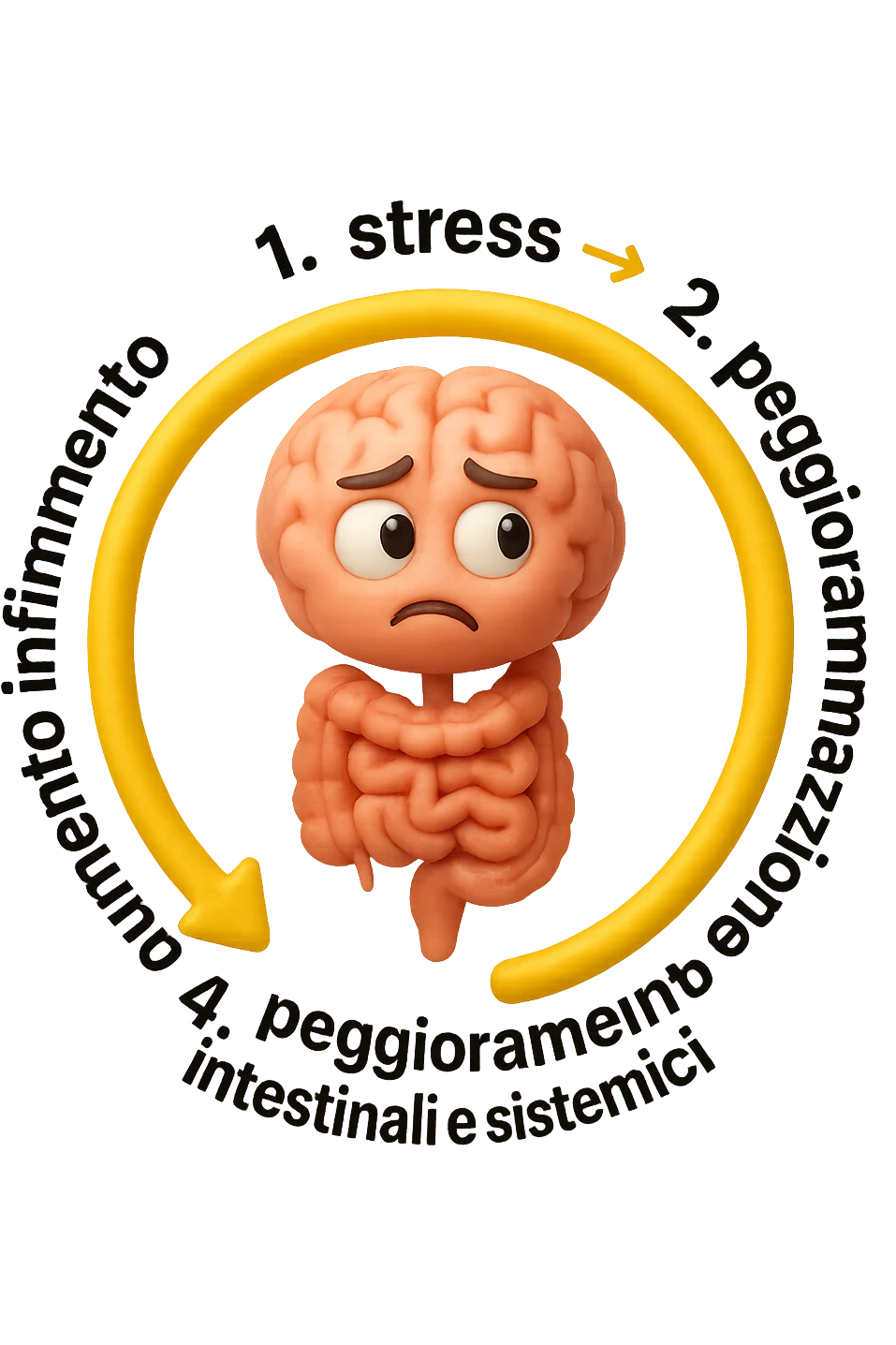 EMOJI STILE IPHONE 3D DI un cerchio con queste scritte che girano intorno in ordine per come li ho scritti "1. stress → 2. peggioramento intestinale → 3. aumento infiammazione → 4. peggioramento sintomi intestinali e sistemici." al centro del cerchio metti un cervello e intestino umani collegati verticalmente con espressione dubbiosa in volto, FALLO MOLTO REALISTICO IN 3D emoji