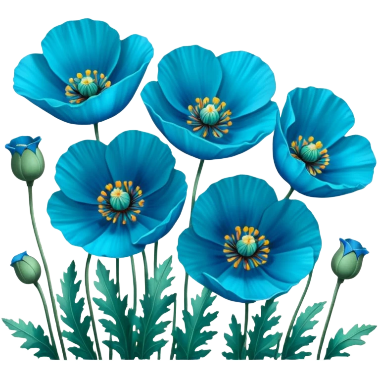 Hyperrealistic vivid, bold bright, ultra detailed, rendering field of all Himalayan blue turquoise Poppies, still life, mirco-detailed, 16k, 600 dpi emoji