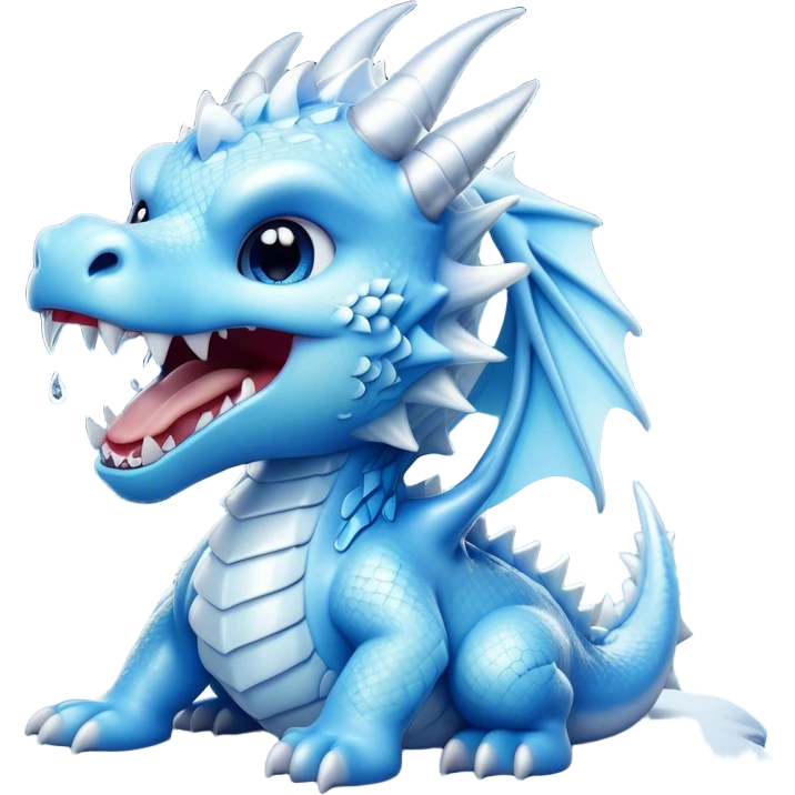 Cinematic Cute Yawning Beautiful Ice Dragon Portrait Emoji, Head tilted slightly with a dramatic, wide-open yawn, revealing a softly crystalline body with subtly drooping, frost-laden scales in cool blues and silvery hues, each detail rendered with natural icy finesse; high shine, relaxed yet elegant, styled with a dash of enchanted winter charm, soft glowing outline, capturing the essence of a sleepy yet graceful ice drake ready to stretch out and melt into a serene, frozen slumber! emoji