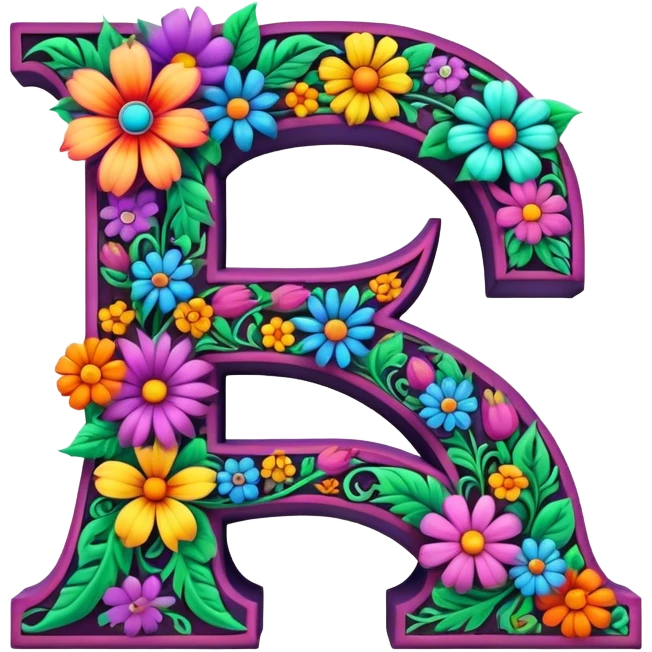 3D, gothic style psychedelic colored capital Letter S with hippie style flower border emoji