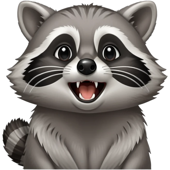 Cinematic-Noble- Yawning Raccoon-Portrait-Emoji – Poised and confident, wide-open yawn, revealing a soft grey with a sturdy build and a beautifully textured fur of silver-grey accented by dark black facial markings, deep-set, big black eyes, simplified yet sharp and sophisticated zoom out to show shoulders emoji