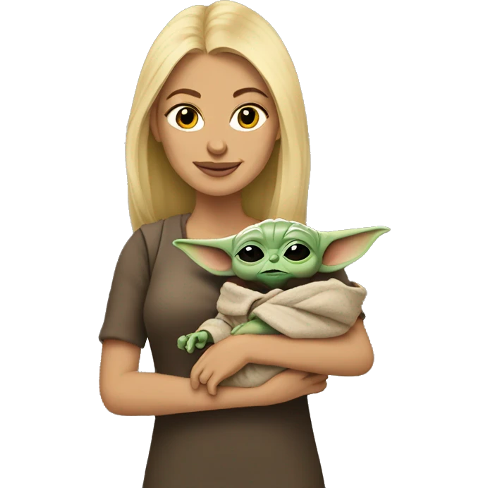 blonde woman holding baby yoda emoji