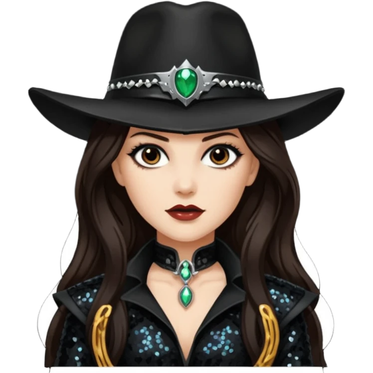 Van Helsing from Dracula with long dark brown hair, black sequin outfit emoji