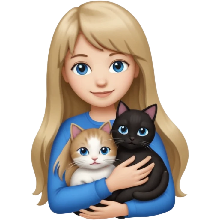 Apple-style emoji sticker of a young woman with long dark blond hair and bangs, blue eyes , holding a black-and-white cat on her chest, both smiling.  emoji