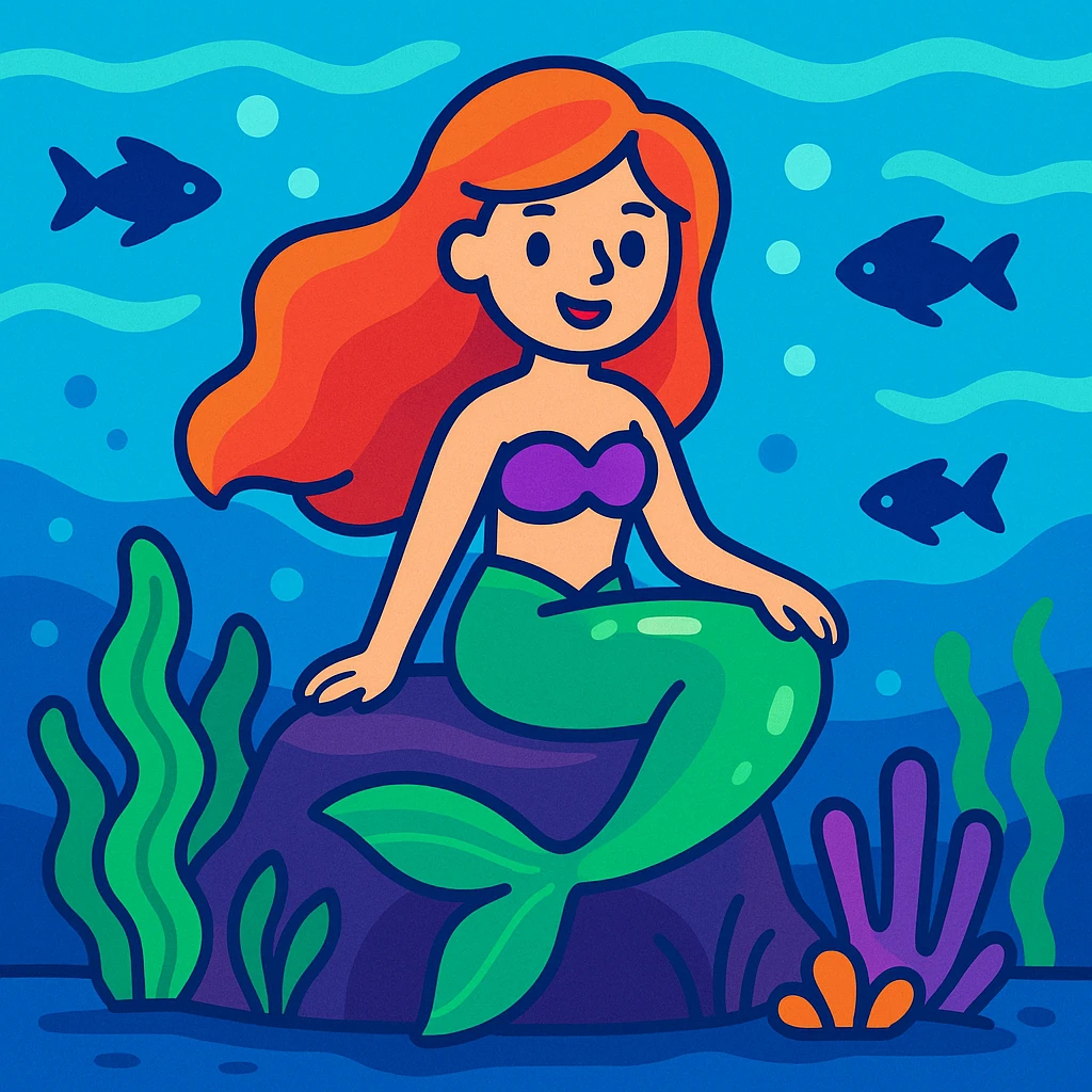 mermaid sitting on a rock underwater, vibrant colors, cartoon style emoji