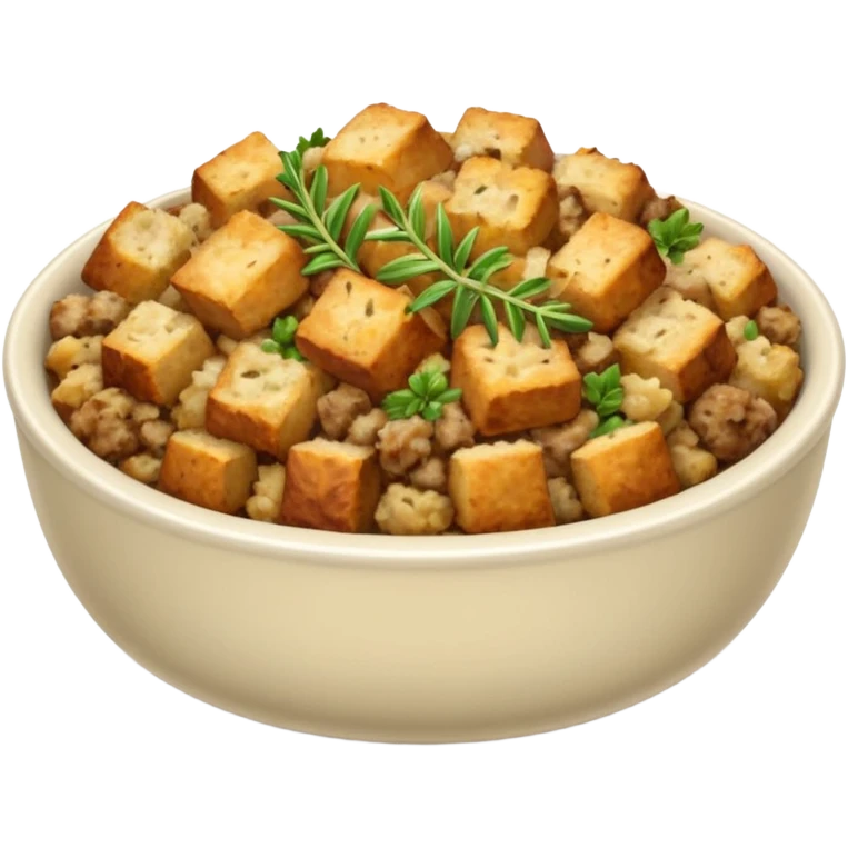 a bowl of stuffing with visible herbs, simple, clear emoji