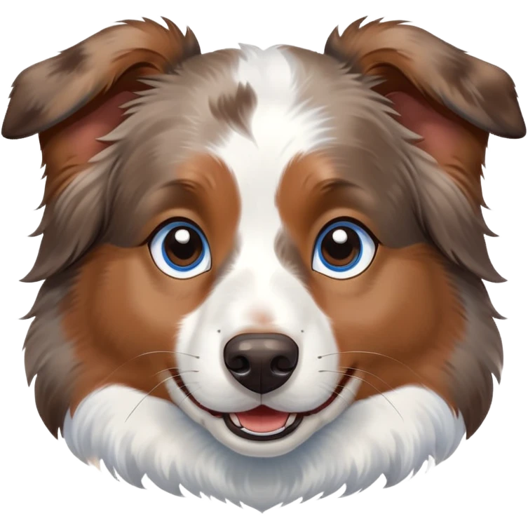 cute close-up of Australian Shepherd dog face, adorable expression, detailed heterochromatic eyes (one blue one brown), fluffy fur with merle pattern, expressive ears, sweet smile emoji