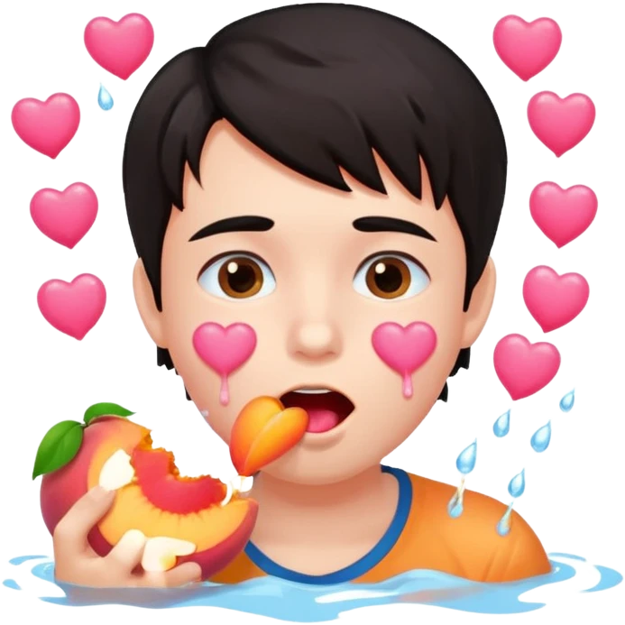 Cute boy, grown out dark hair, eating a peach, pink hearts floating , water dripping from mouth emoji
