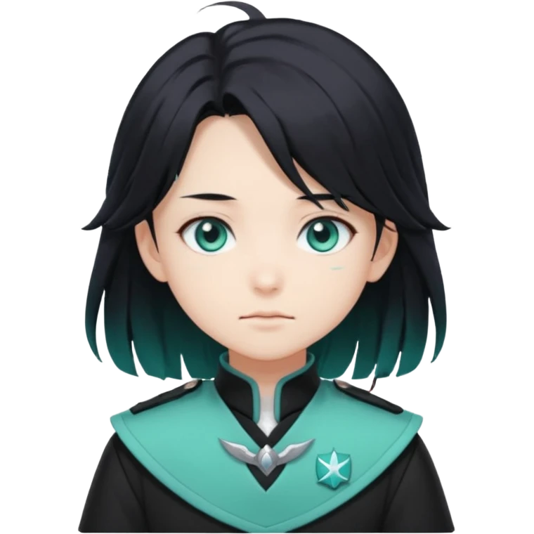 Tokito Muichiro emoji style — calm boy with long black hair fading mint green, turquoise eyes, pale skin, dreamy face, wearing dark Demon Slayer uniform, black + teal tone, anime cute clean style. emoji
