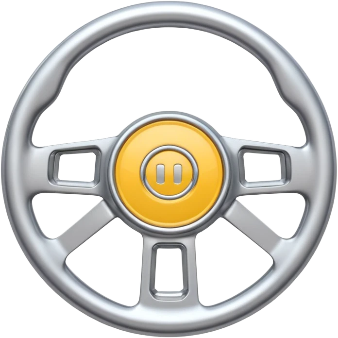 A futuristic steering wheel emoji made of silver chrome, minimal geometric design, smooth metallic surface, soft reflections, iOS emoji style, centered, clean white background emoji